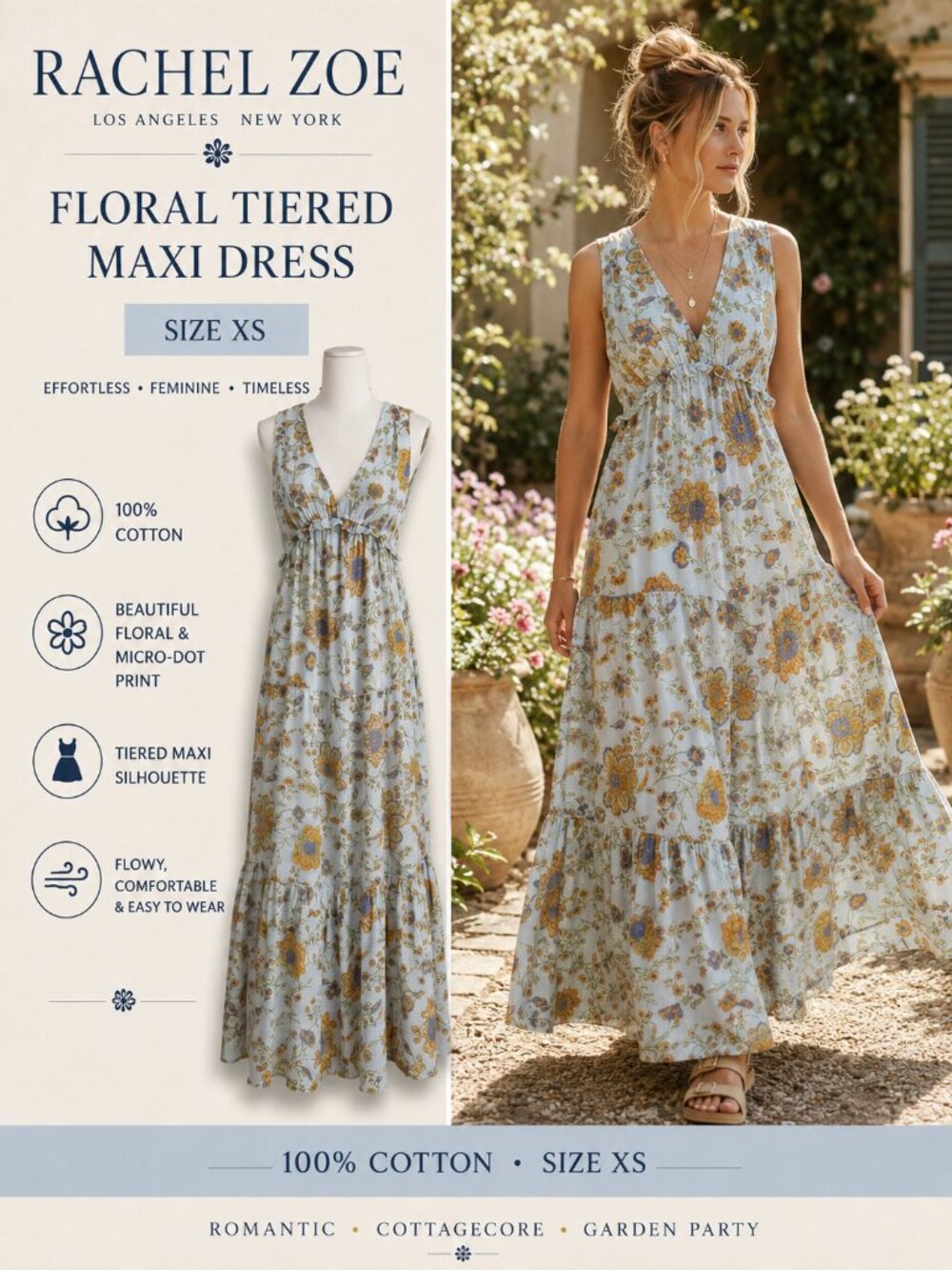 Rachel Zoe Floral Tiered Maxi Dress Blue Cotton Boho Cottagecore XS